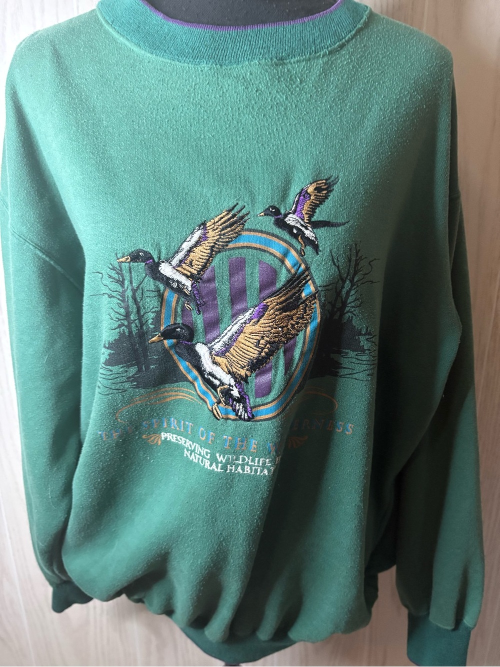 Vintage Y2K 90’s Green Crewneck Sweatshirt Duck Embroidery Large